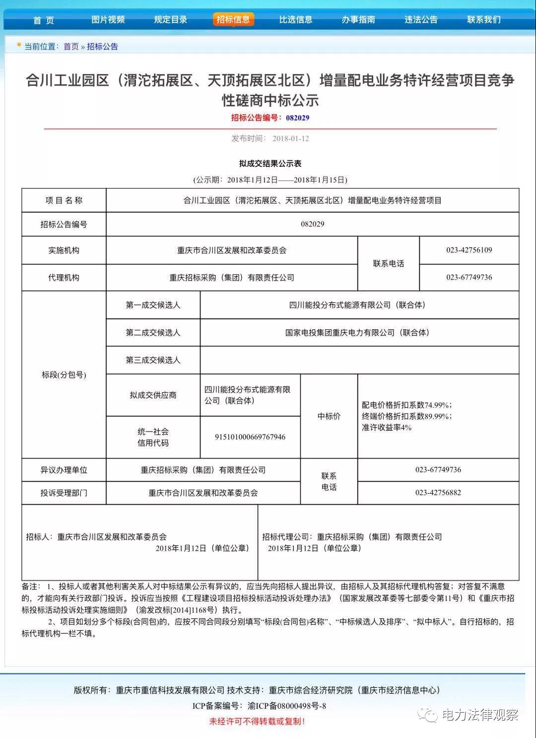 重慶合川增量配電項(xiàng)目?jī)?yōu)選結(jié)果，配電價(jià)下降25%，終端電價(jià)下降10%