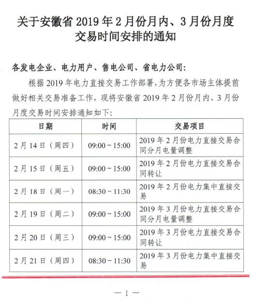  安徽2019年2月份月內、3月份月度交易時間安排