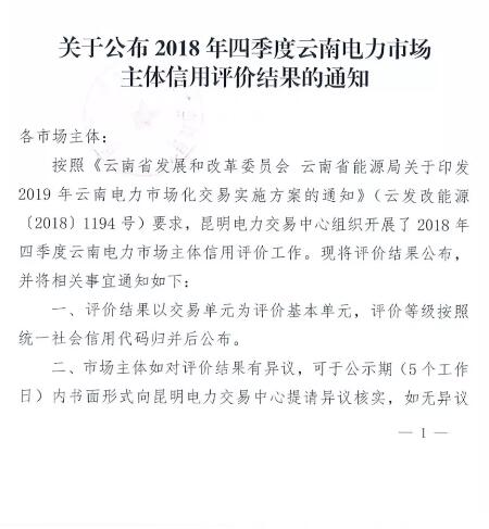 11家售電公司獲3A級！云南2018年四季度電力市場主體信用評價結(jié)果