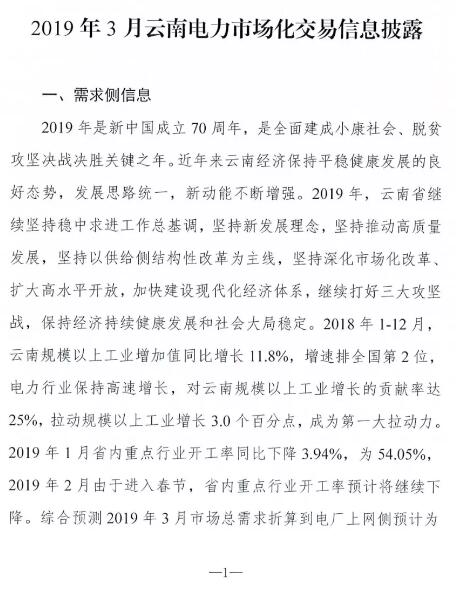 云南2019年03月電力市場化交易信息披露:省內(nèi)市場可競價電量72億千瓦時