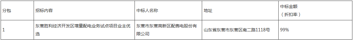東營勝利經濟開發(fā)區(qū)增量配電業(yè)務試點項目業(yè)主優(yōu)選中標公告